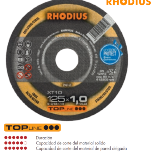 DISCO DE CORTE TOP 115X1.0 ACERO INOX MARCA RHODIUS 10 unidades